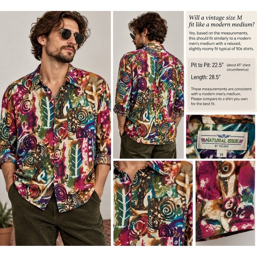 90s Artsy Abstract Rayon Shirt Natural Issue by Feldini Men’s M Funky Dopamine